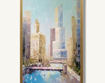 Chicago River Oil Painting Print Downtown Bridges Skyscrapers Reflections Cityscape Wall Art Contemporary Decor
