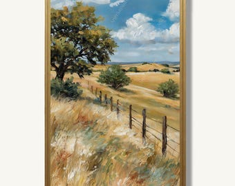 Impresión en papel de pintura al óleo de paisaje de rancho de Texas, obra de arte rústica campestre, decoración de pared para casa de campo.