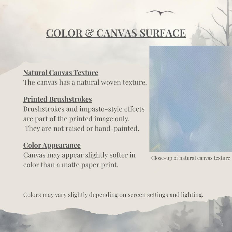 The image is a collage of multiple images, and the text describes the color and canvas surface of the images.