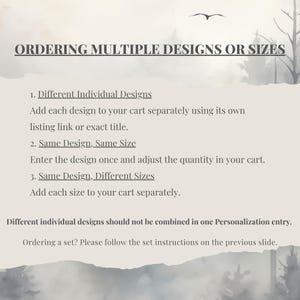 The image is a slide with instructions for ordering multiple designs or sizes. It includes three different design options: same design, same size, and same design, different sizes. The instructions advise to add each design separately to the cart, adjusting the quantity based on the design type. The slide also mentions that different individual designs should not be combined in one Personalization entry and that ordering a set? should follow the set instructions on the previous slide.