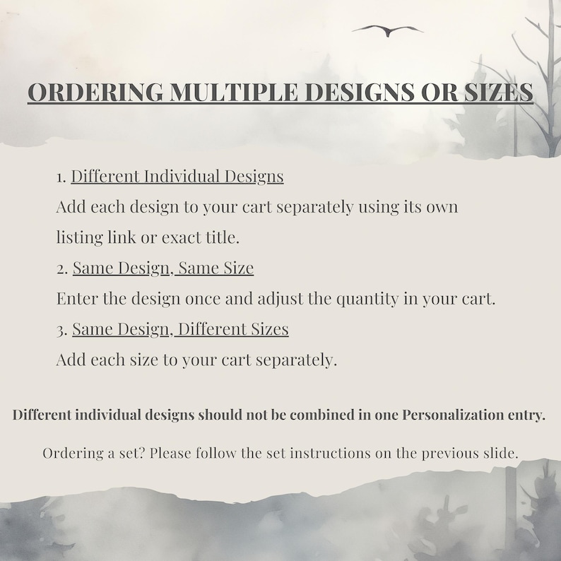 The image is a slide with instructions for ordering multiple designs or sizes. It includes three different design options: same design, same size, and same design, different sizes. The instructions advise to add each design separately to the cart, adjusting the quantity based on the design type. The slide also mentions that different individual designs should not be combined in one Personalization entry and that ordering a set? should follow the set instructions on the previous slide.