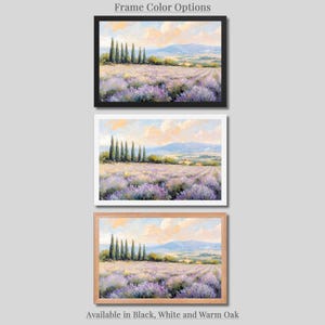 The image is a collage of three framed landscape paintings depicting a field of lavender flowers with trees in the background. The paintings are available in black, white, and warm oak frames.
