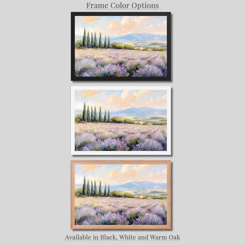 The image is a collage of three framed landscape paintings depicting a field of lavender flowers with trees in the background. The paintings are available in black, white, and warm oak frames.