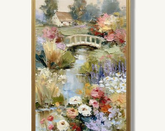 Cottage Garden Bridge Oil Painting Print Streamside Flowers Wall Art Whimsical Cottagecore Decor