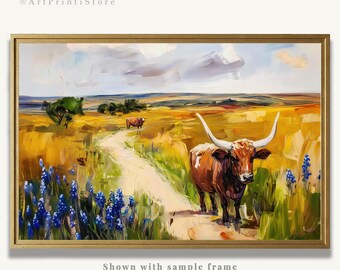 NutArtPic Bauernhaus-Leinwandbild 30x30 Cm – Texas Landschaft Mit Longhorn & Scheune