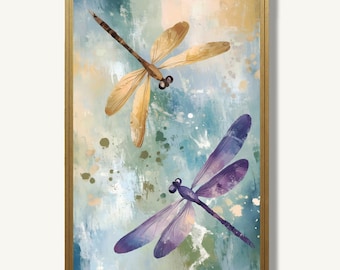 Abstract Dragonfly Art Print Minimalist Botanical Watercolor Painting Pastel Modern Wall Decor