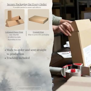 The image is a collage of three images: a person's hands handling a cardboard box, a cardboard box on a table, and a cardboard box on a table. The text in the image provides information about the packaging, including that it is made to order and sent straight to production, and that tracking is included.