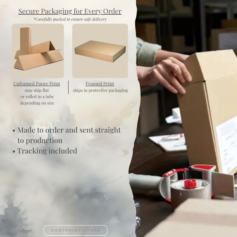 The image is a collage of three images: a person's hands handling a cardboard box, a cardboard box on a table, and a cardboard box on a table. The text in the image provides information about the packaging, including that it is made to order and sent straight to production, and that tracking is included.