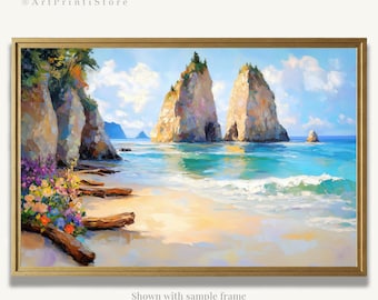 Oregon Coast Sea Stacks Oil Painting Print on Paper Pacific Northwest Coastal Seascape Artwork Beach House Wall Art Decor