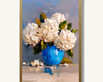 Hydrangea Art Print Floral Oil Painting Still Life Poster Botanical Artwork Modern Farmhouse Wall Decor