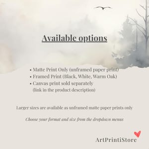 The image is a product description for a company called ArtPrintiStore, which offers various options for purchasing artwork, including a matte print, framed print, and canvas print.