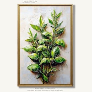 Basil Plant Oil Painting Print on Paper Green Botanical Herb Artwork Farmhouse Wall Art Decor