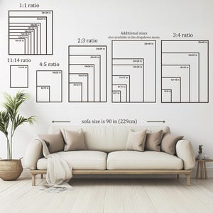 a living room with a white sofa and a potted plant. Above the sofa, there are size charts for different sofa sizes, including 1-1 ratio, 2-3 ratio, and 3-4 ratio. The charts provide a visual representation of the sofa's dimensions in relation to the other sizes.