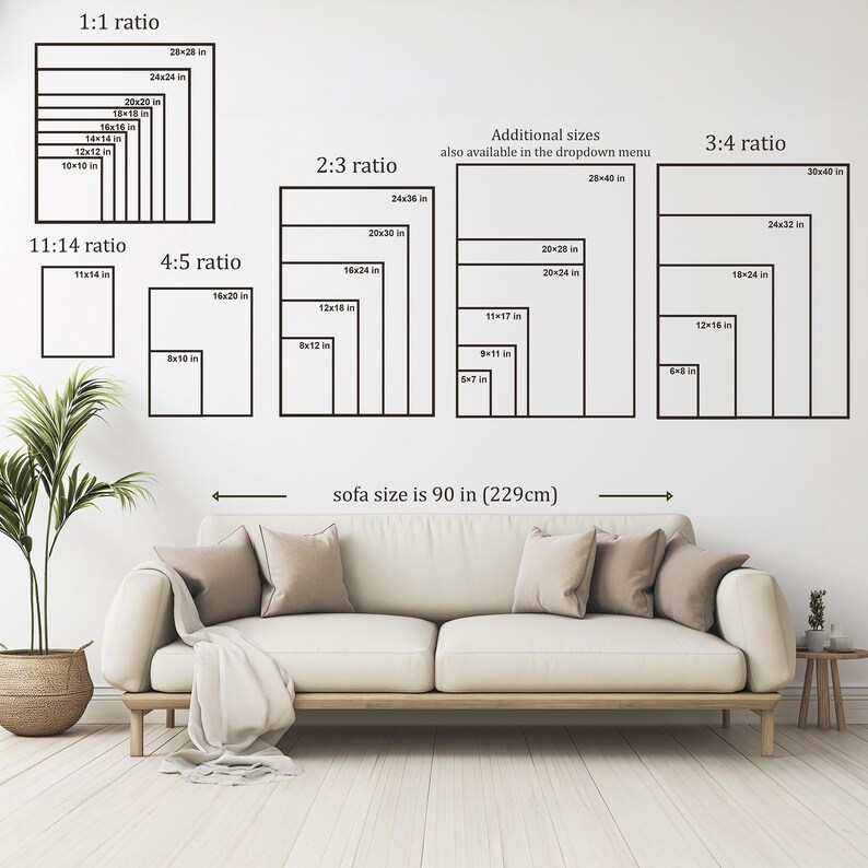 a living room with a white sofa and a potted plant. Above the sofa, there are size charts for different sofa sizes, including 1-1 ratio, 2-3 ratio, and 3-4 ratio. The charts provide a visual representation of the sofa's dimensions in relation to the other sizes.