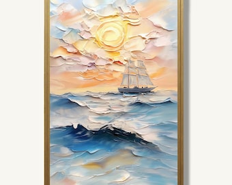 Sailboat Art Print Coastal Ocean Poster in an Oil-Painting Style Nautical Wall Decor