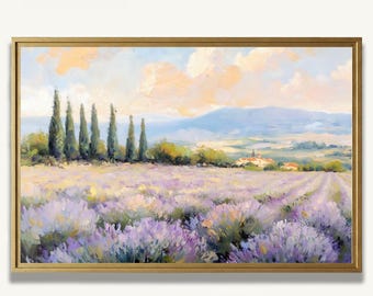Lavender Field Art Print French Oil Painting Provence Landscape Poster Rustic Countryside Artwork Farmhouse Wall Decor