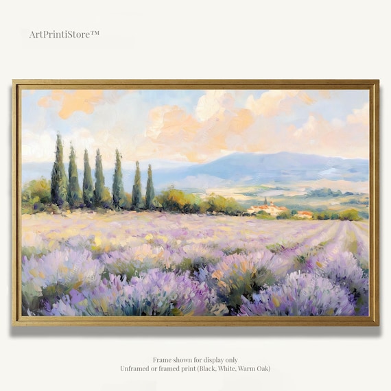 Lavender Field Art Print French Oil Painting Provence Landscape Poster Rustic Countryside Artwork Farmhouse Wall Decor