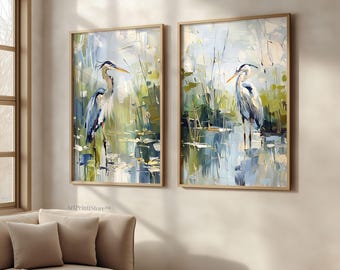 Blue Heron Set Of 2 Art Prints Bird Wall Art Coastal Marsh Oil Painting Wildlife Landscape Artwork Earth Tones Home Wall Decor