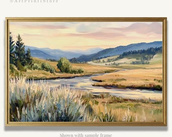 Montana Landscape Oil Painting Print on Paper River Valley Mountain Artwork Rustic Nature Home Decor