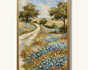Impresión en papel de pintura al óleo de Bluebonnet Country Road, paisaje de flores silvestres de Texas, obra de arte para decoración de pared de estilo rústico.