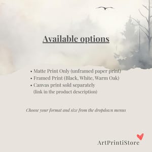 The image is a product description for a product called "Available options" from an art print store. It features a minimalist design with a blurred background and a bird flying in the sky. The text provides information about the available options, including the choice of format and size, and the link to the product description.