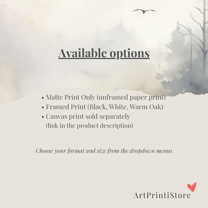 The image is a product description for a product called "Available options" from an art print store. It features a minimalist design with a blurred background and a bird flying in the sky. The text provides information about the available options, including the choice of format and size, and the link to the product description.