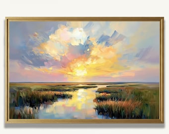 Coastal Marsh Art Print In Oil Painting Style Low Country Landscape Artwork For Wall Decor