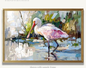 Roseate Spoonbill Art Print Pink Bird Oil Painting Marsh Wetland Poster Nature Artwork Coastal Wall Decor