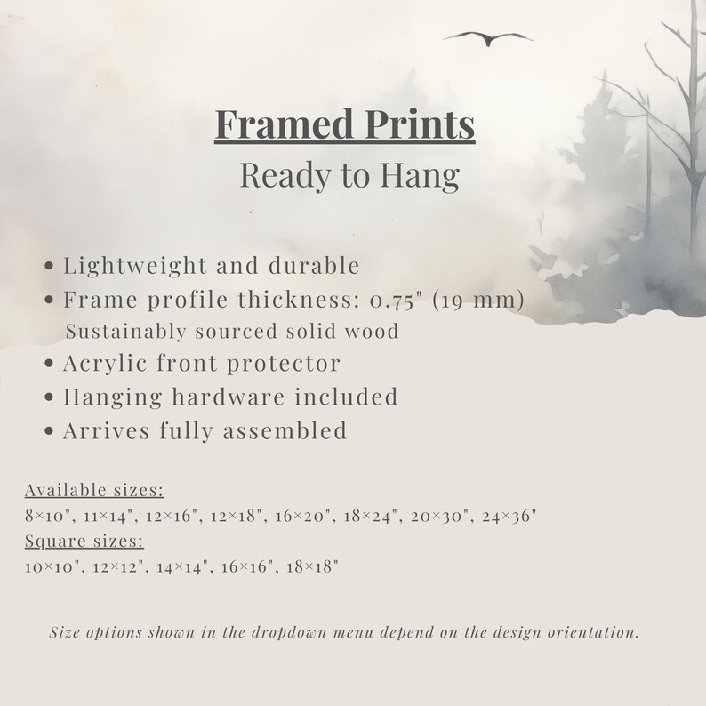 The image is a framed print advertisement for a product that is ready to hang. It provides information about the product, including its features and dimensions, and mentions that it is available in various sizes.
