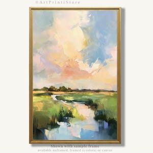 The image is an abstract landscape painting depicting a winding river or stream flowing through a grassy field under a cloudy sky.