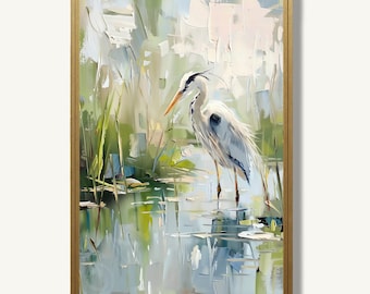 Blue Heron Art Print Coastal Wildlife Oil Painting Marsh Wetland Bird Poster Nature Egret Artwork Modern Farmhouse Wall Decor