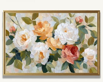English Garden Roses Oil Painting Print on Paper Peach Ivory Floral Artwork Farmhouse Wall Art Decor