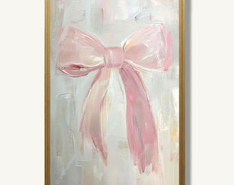 Pink Bow Art Print Feminine Oil Painting Modern Poster Ribbon Artwork Minimalist Wall Decor