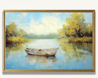 Boat Art Print Serene Oil Painting Lake Poster Landscape Artwork Modern Farmhouse Wall Decor