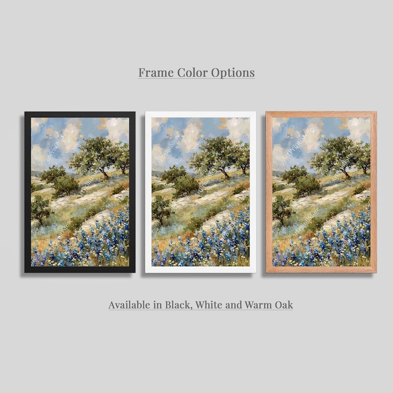 three framed landscape paintings, each with a different frame color option. The paintings feature a field of blue flowers and trees, with varying frame colors such as black, white, and warm oak. The text indicates that these paintings are available in black, white, and warm oak frames.