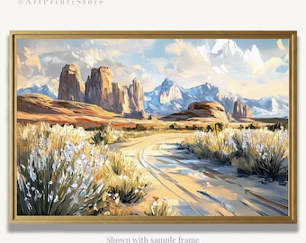 Southwestern Desert Road Oil Painting Print on Paper Western Landscape Artwork Rustic Wall Art Decor