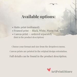 The image is a product description for canvas prints, featuring options such as matte print, framed print, and canvas print. It provides details on the available formats and sizes, and mentions that canvas prints are printed in the original design orientation. The product description also includes a link to the product description for full details.