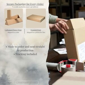 The image is a collage of two images. The first image shows a person's hands opening a cardboard box, while the second image depicts a cardboard box being sealed. The text in the image provides information about the packaging process, including that the packaging is made to order and sent straight to production, and tracking is included.