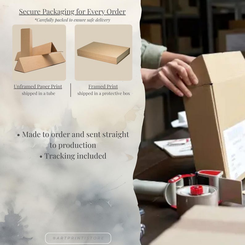 The image is a collage of two images. The first image shows a person's hands opening a cardboard box, while the second image depicts a cardboard box being sealed. The text in the image provides information about the packaging process, including that the packaging is made to order and sent straight to production, and tracking is included.
