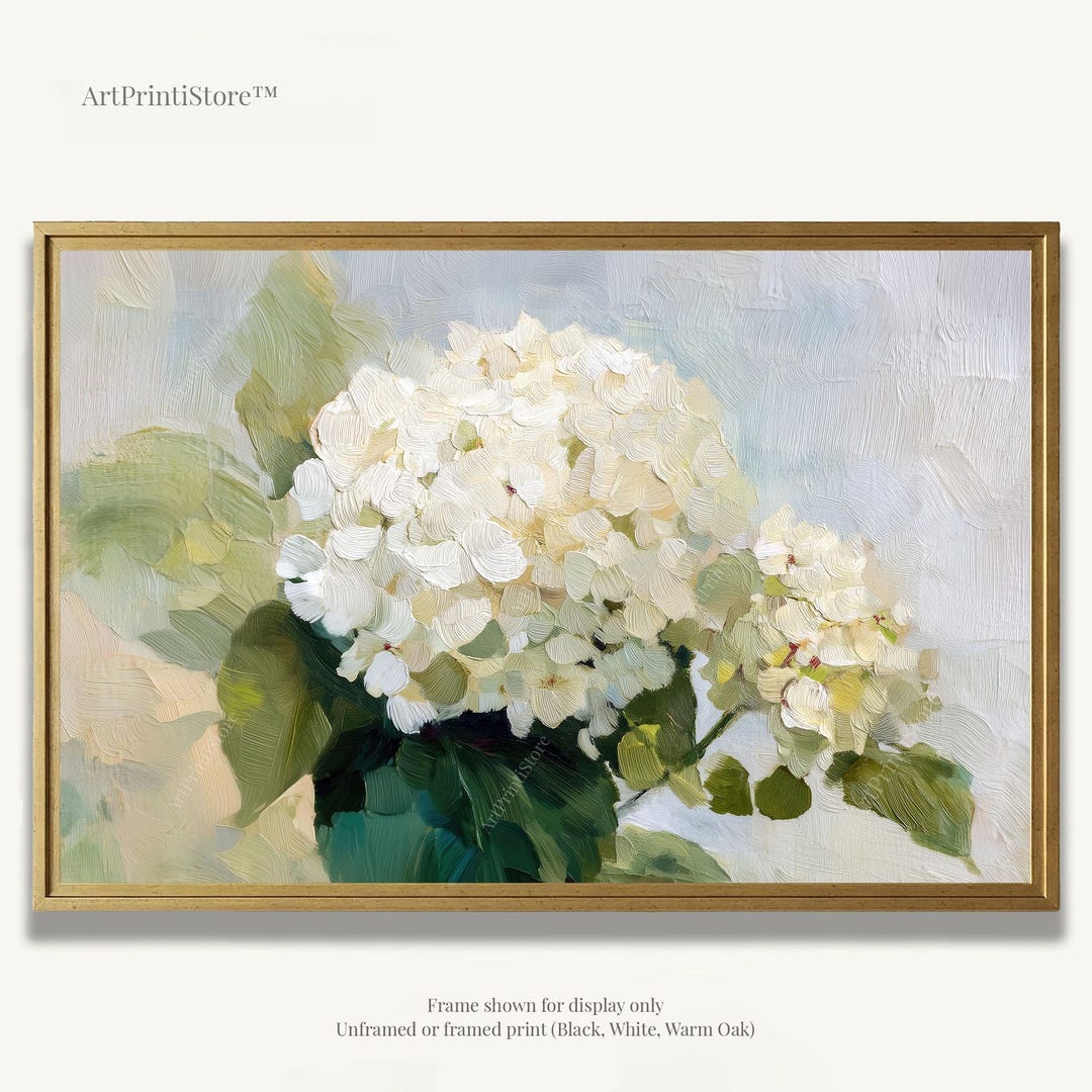 White Hydrangea Bloom Oil Painting Print on Paper Ivory Garden Flowers ...