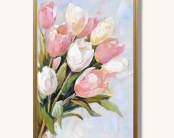 Tulip Art Print Floral Oil Painting Spring Botanical Poster Pink Pastel Artwork Farmhouse Wall Decor