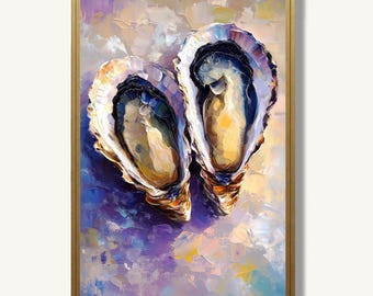 Oyster Shell Art Print Nautical Oil Painting Sea Life Poster Ocean Themed Kitchen Artwork Coastal Wall Decor