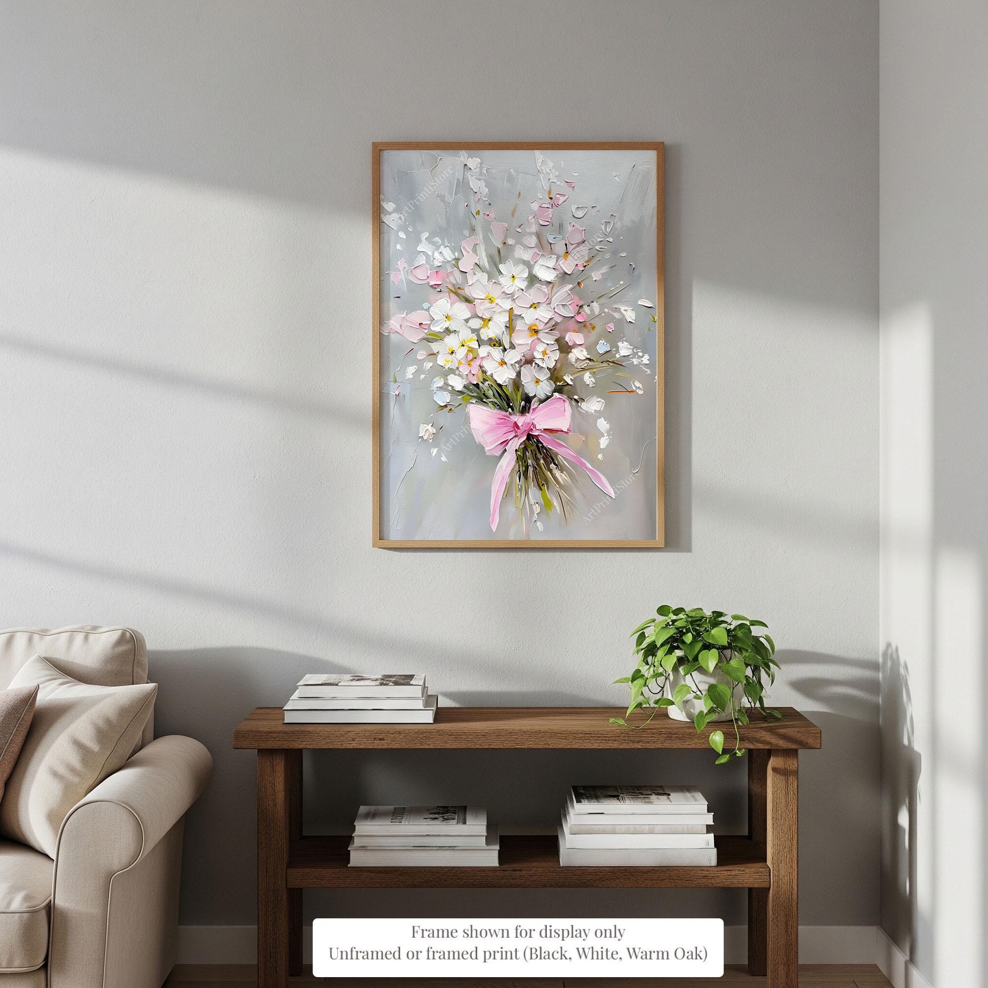 Flower Bouquet Art Print Oil Painting Pink Bow Artwork Wildflower Wall ...