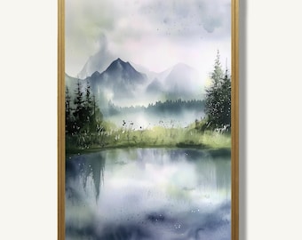 Mountain Lake Watercolor Art Print Pacific Northwest Painting Misty Forest Poster Nature Artwork Rustic Wall Decor