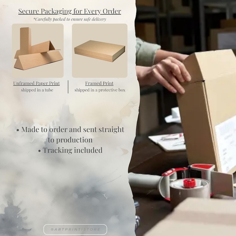 The image is a collage of two images. The first image shows a person's hands opening a cardboard box, while the second image depicts a cardboard box being sealed. The text in the image provides information about the packaging process, including that the packaging is made to order and sent straight to production, and tracking is included.