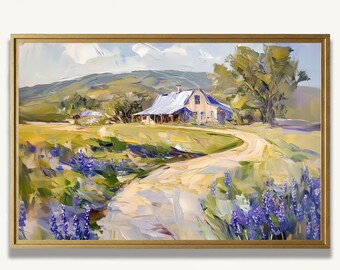 Texas Bluebonnet Farmhouse Painting Print – Oil Style Landscape Wall Art