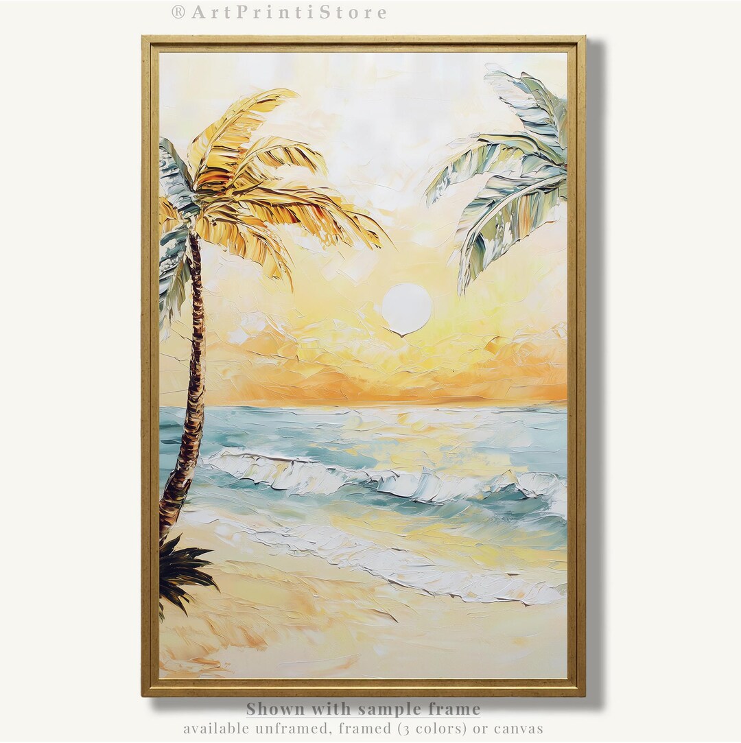 Tropical Beach Wall Art Print Oil Painting Palm Tree Sunset Seascape ...