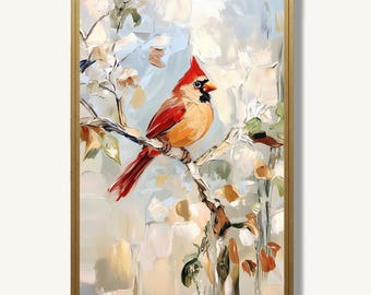 Cardinal Art Print Red Bird Oil Painting Wildlife Poster Nature Artwork Rustic Wall Decor