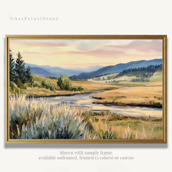 Montana Landscape Oil Painting Print on Paper River Valley Mountain Artwork Rustic Nature Home Decor