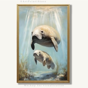 Manatee Art Print Ocean Animal Painting Sea Life Artwork Underwater Marine Oil Poster Coastal Nursery Wall Decor
